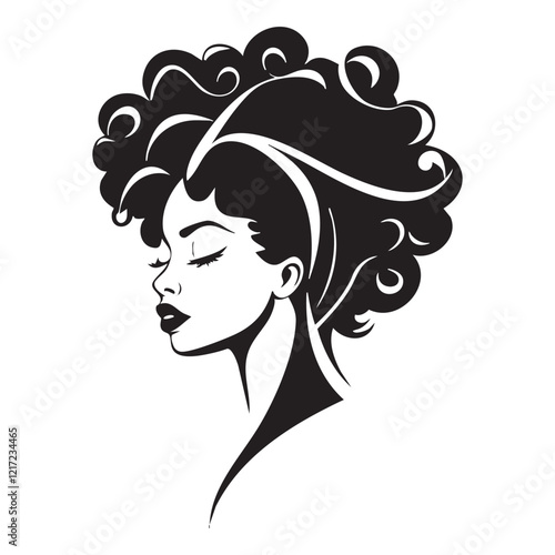 Elegant woman with voluminous curly hair in profile illustration.