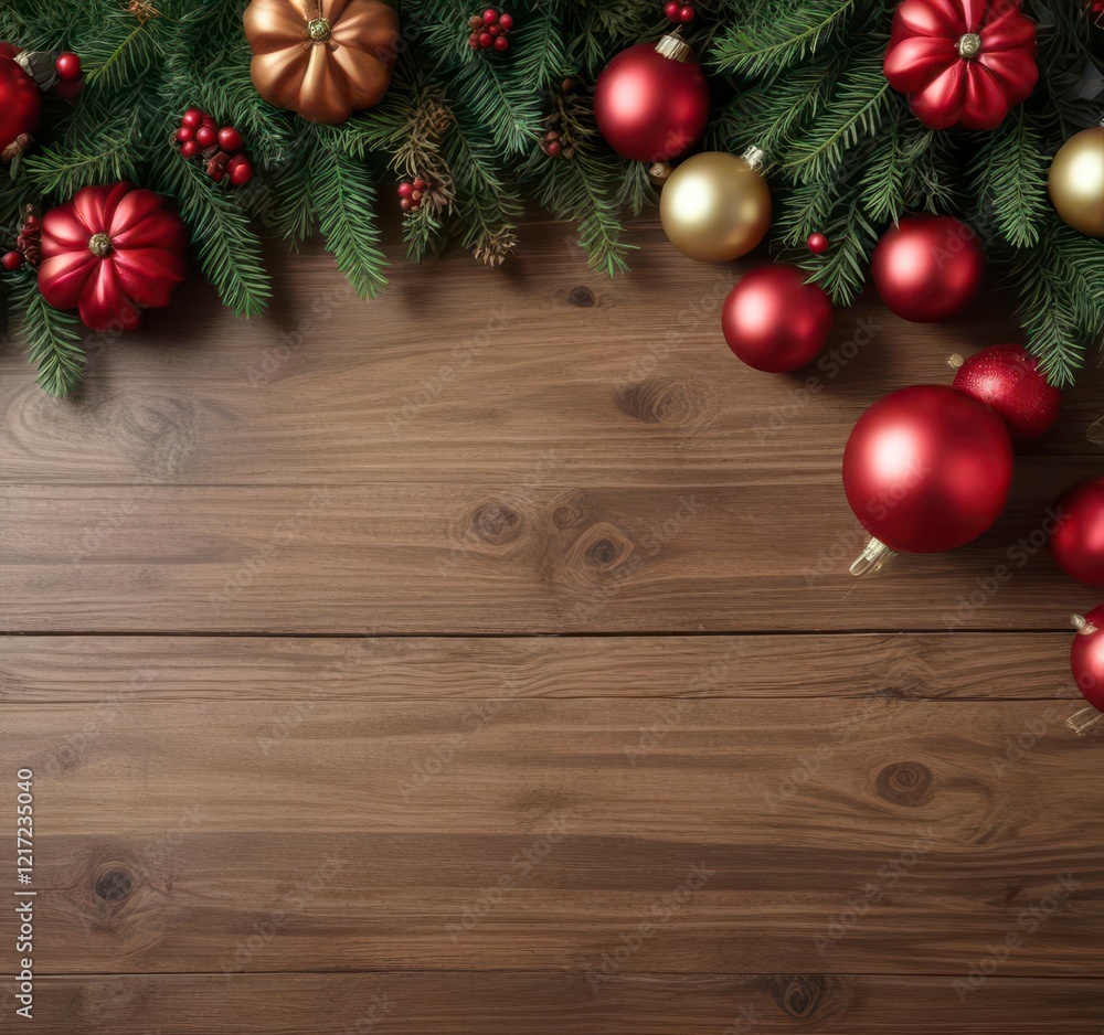 Christmas ornament flat lay on a wooden table, holly, ornaments Christmas ornament flat lay on a wooden table, holly, ornaments