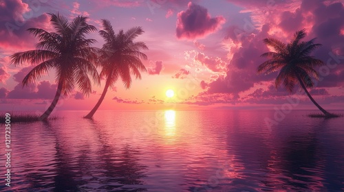 Pink Sunset Over Calm Ocean With Palm Trees