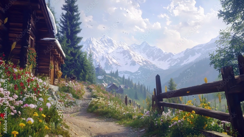 Mountain cabin path, flowers, Alps sunrise, travel postcard Mountain cabin path, flowers, Alps sunrise, travel postcard