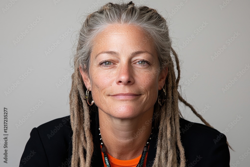 Portrait of a woman with dreadlocks, showcasing natural beauty and confidence in a neutral setting Portrait of a woman with dreadlocks, showcasing natural beauty and confidence in a neutral setting