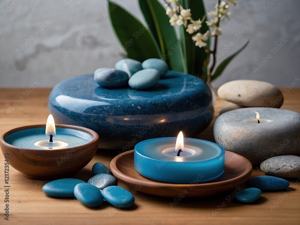 Photograph of Scented Candles and Ornamental Stones Creating a Tranquil Spa Atmosphere Photograph of Scented Candles and Ornamental Stones Creating a Tranquil Spa Atmosphere