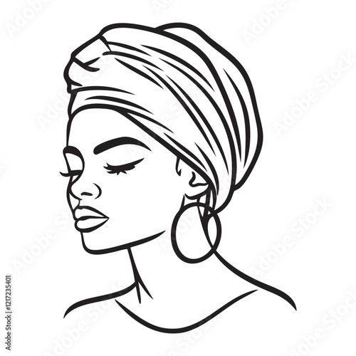 Elegant black woman wearing a headscarf and hoop earrings, showcasing beauty and grace.