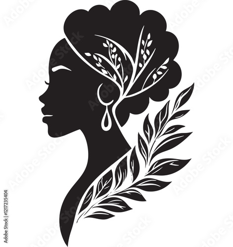 Elegant silhouette of a Black woman with nature-inspired design elements.