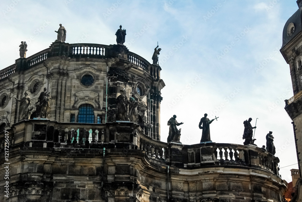 Hofkirche, Cathedral of the Holy Trinity in Dresden, Germany. Photo of statues, ancient architecture in Europe.