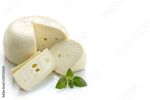 round wheel of soft cheese with creamy texture and small holes, accompanied by fresh green basil leaves, perfect for gourmet cooking, cheese boards, and food photography photo