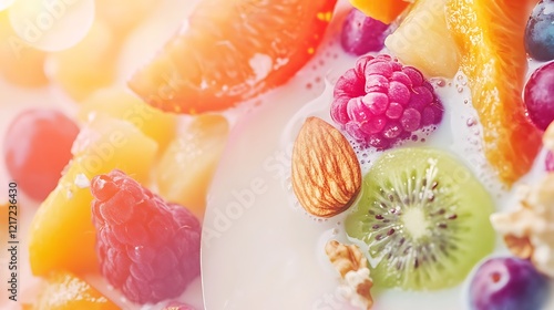 Fototapeta Naklejka Na Ścianę i Meble -  A close-up of a lactose-free milk label with a vibrant background of fresh fruits and nuts