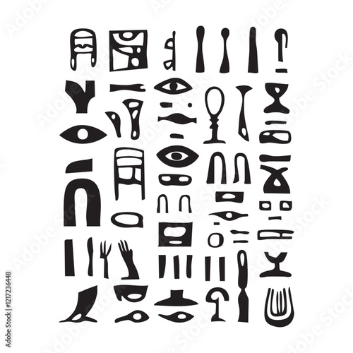Collection of ancient Egyptian hieroglyphs in black on a white background.