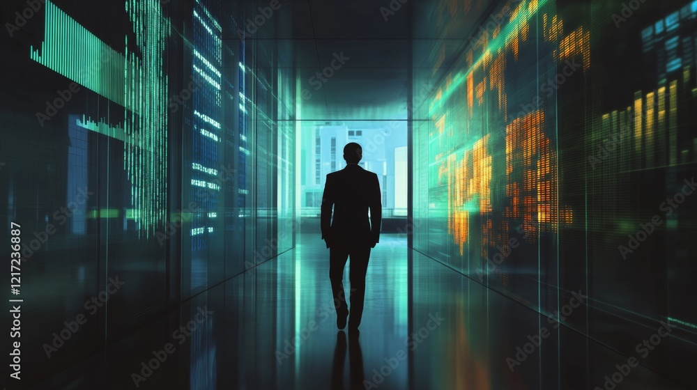 A businessperson in a dark room, illuminated only by a screen showing profits. A businessperson in a dark room, illuminated only by a screen showing profits.