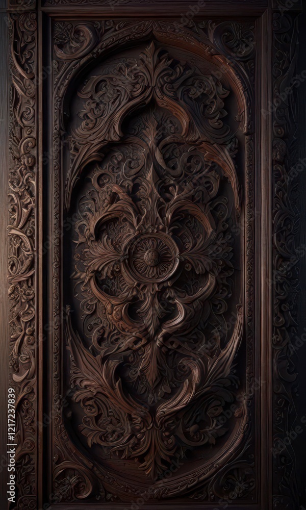 Dark wood panel with intricate carvings and a faint glow, mystical, wooden panel, dimly lit Dark wood panel with intricate carvings and a faint glow, mystical, wooden panel, dimly lit