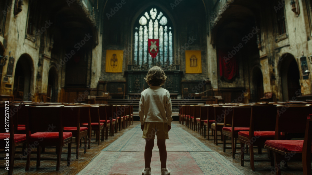 Secret agenda, A child stands alone in a dimly lit, grand hall with stained glass windows and empty chairs, evoking a sense of wonder and solitude. Secret agenda, A child stands alone in a dimly lit, grand hall with stained glass windows and empty chairs, evoking a sense of wonder and solitude.