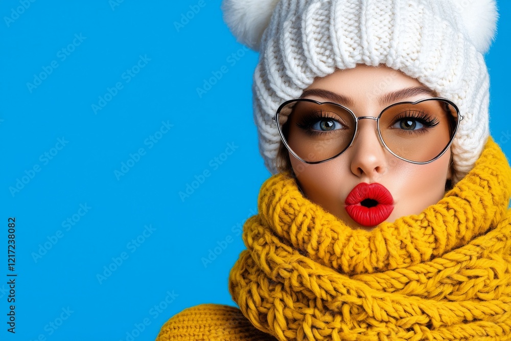Fashionable woman in cozy winter attire poses against a bright blue background showcasing modern accessories and vibrant colors