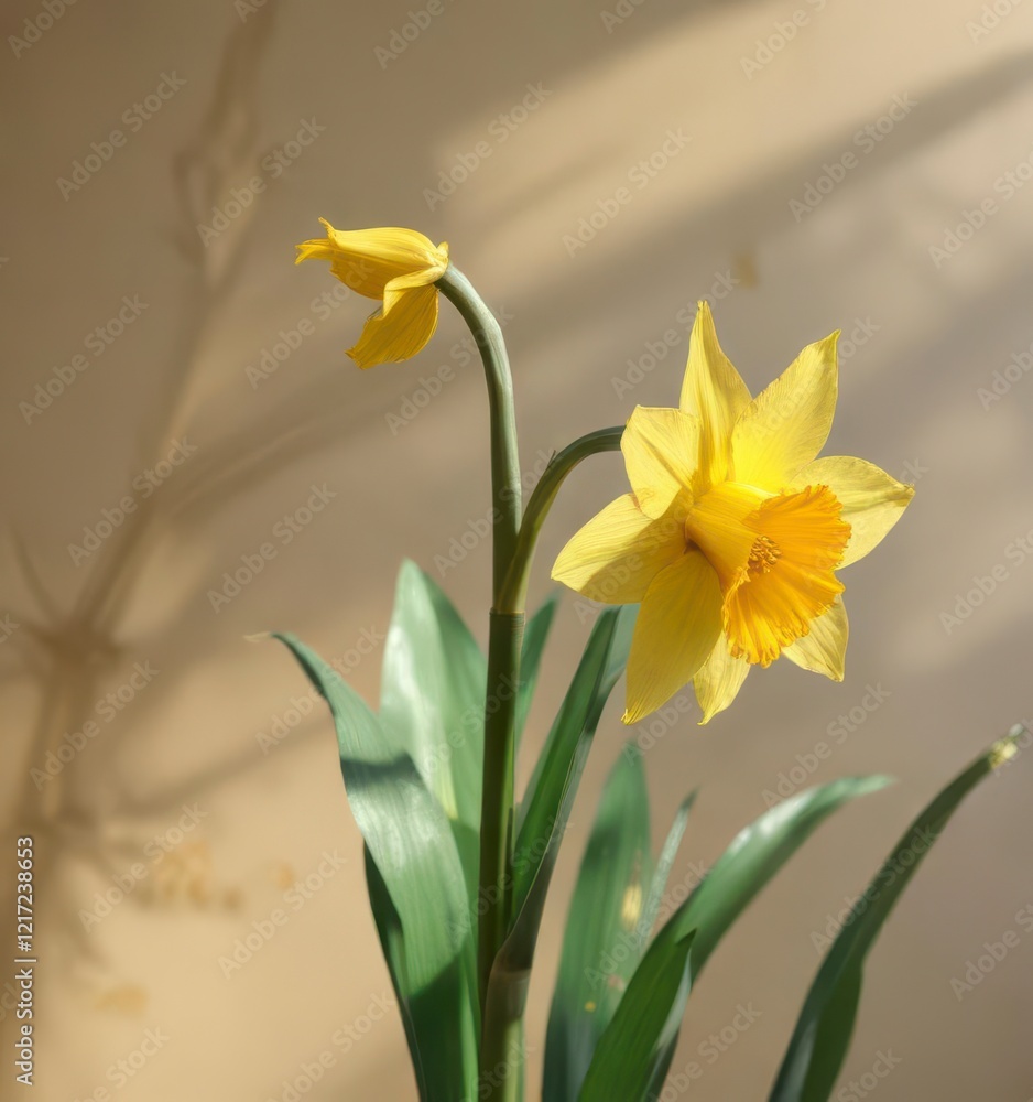 Obraz premium Daffodil flower with shiny yellow leaf gold foil texture, bright sunlight on a green stem, daffodil, greenery