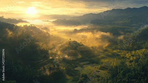 Wallpaper Mural A breathtaking aerial view of a serene landscape at sunrise, featuring a stunning terraced rice field nestled amidst lush greenery and majestic mountains. Torontodigital.ca