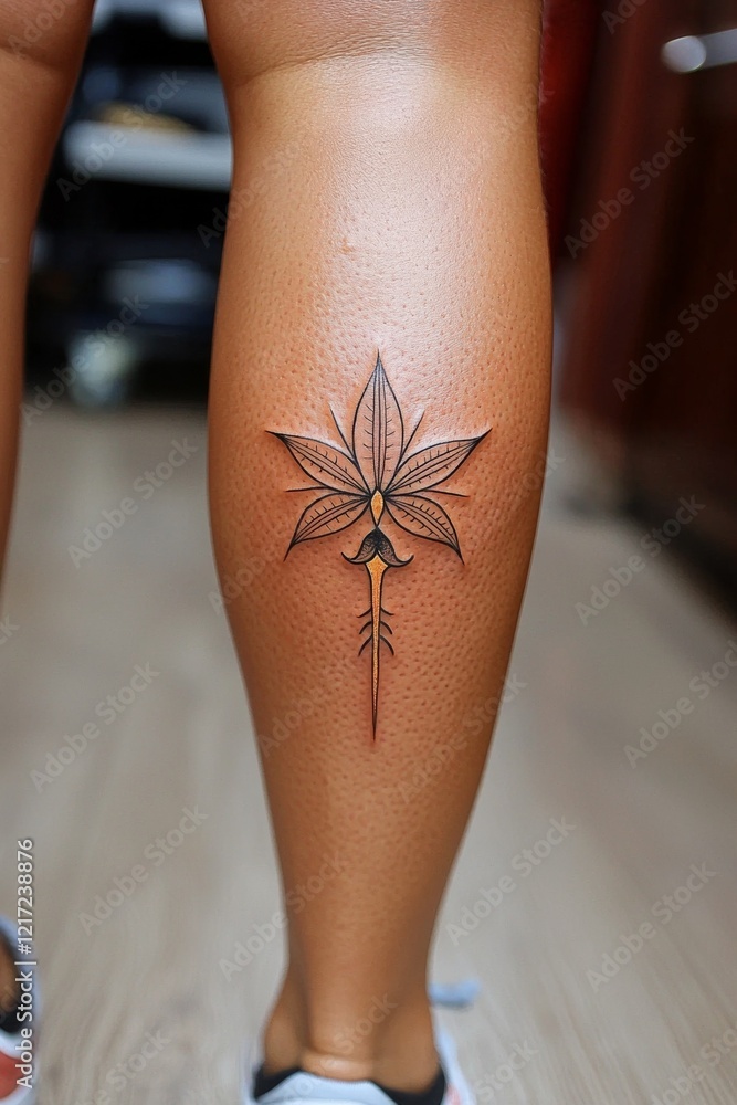Obraz premium Intricate leaf tattoo design on the calf of a person showcasing detailed artistry and craftsmanship