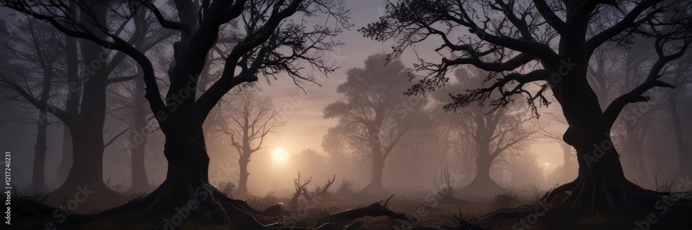 Dark forest at dusk with twisted tree branches, dark wood, landscape Dark forest at dusk with twisted tree branches, dark wood, landscape