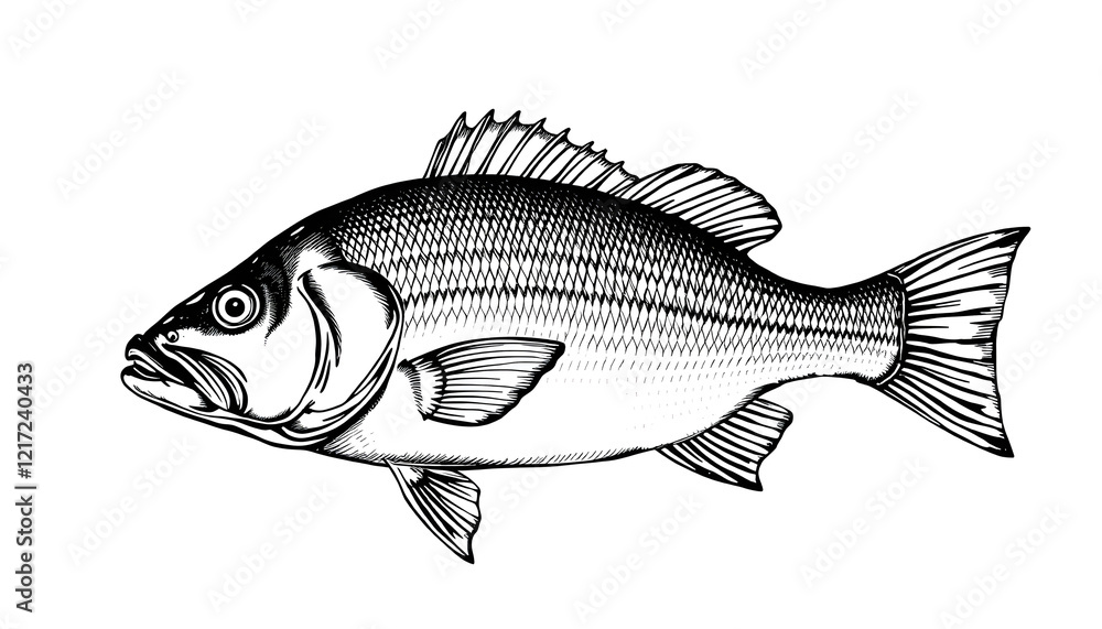 Obraz premium Sea bass, whole fish sketch isolated. Fishing, seafood concept. Hand drawn illustration in vintage engraving style, craft clay, with white tones