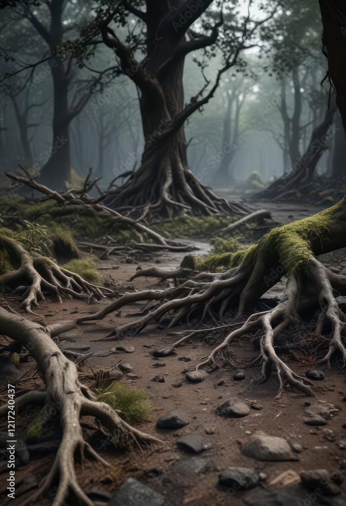 Dark forest floor with twisted tree roots and fallen branches, dark, forest floor Dark forest floor with twisted tree roots and fallen branches, dark, forest floor