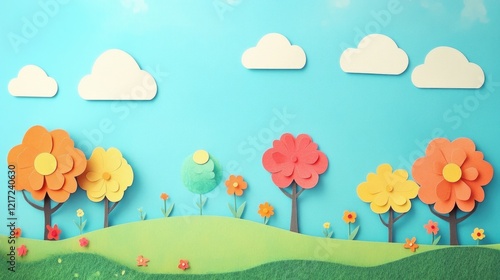 Colorful paper art landscape with trees, flowers, and clouds against a blue sky.