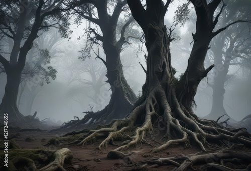 Dark forest with misty atmosphere, old trees and twisted roots ,  twilight,  wilderness