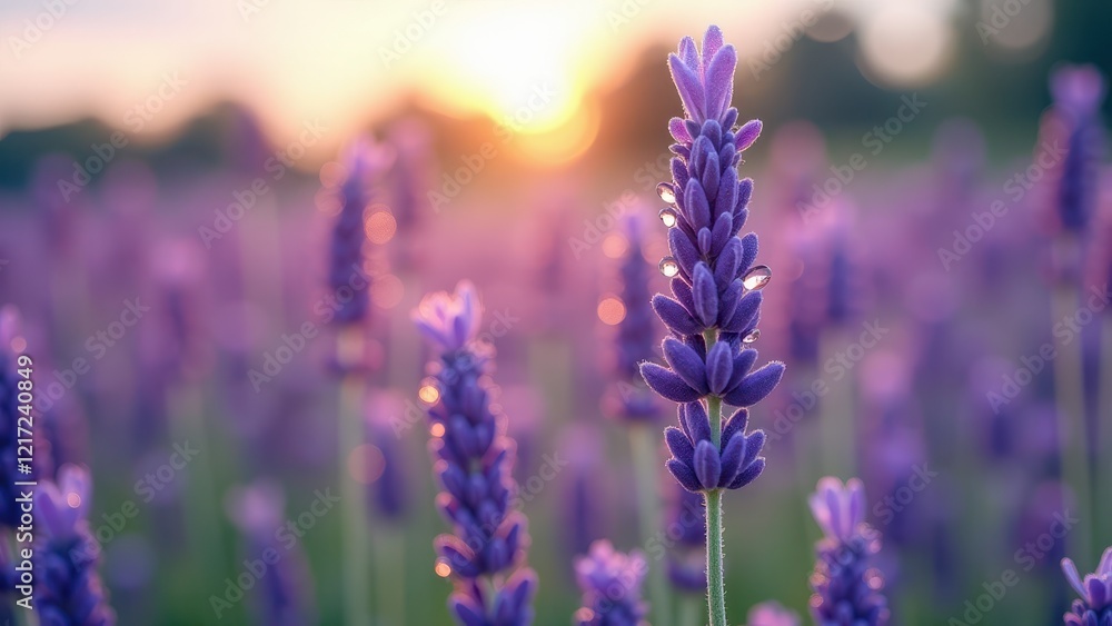 Obraz premium Close-up of lavender flowers in a sunlit field at sunset 