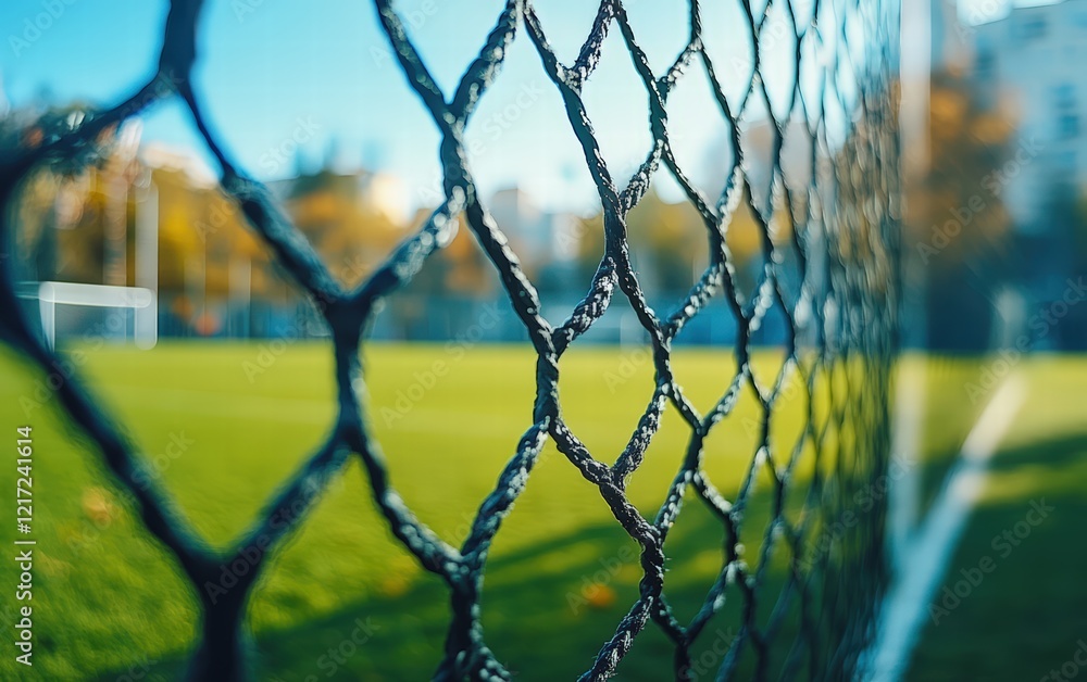 Behind the Net: A soccer field blurs, the goal's net in sharp focus. A glimpse of the game. Behind the Net: A soccer field blurs, the goal's net in sharp focus. A glimpse of the game.