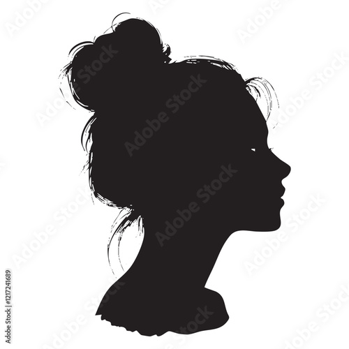 Silhouette of a young woman with a bun hairstyle against a white background.