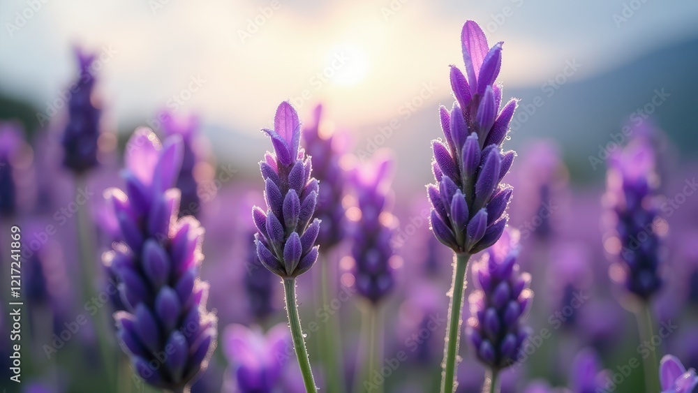 Obraz premium Close-up of lavender flowers in a sunlit field at sunset 