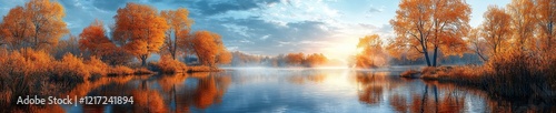 A tranquil autumn setting with a river, towering trees, and fields awash in early morning light