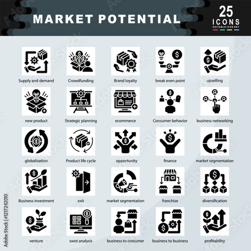 Market Potential icon set containing Supply and demand, Crowdfunding, upselling, new product, Strategic planning, ecommerce, Consumer behavior, business networking icon. Simple glyph vector