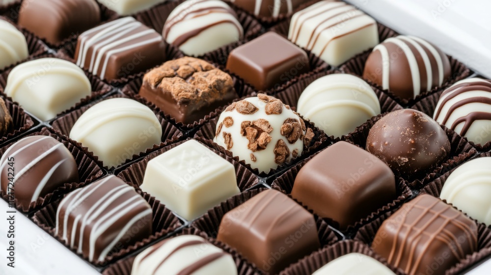 Assorted gourmet chocolates arranged in a box, showcasing various shapes and designs Assorted gourmet chocolates arranged in a box, showcasing various shapes and designs