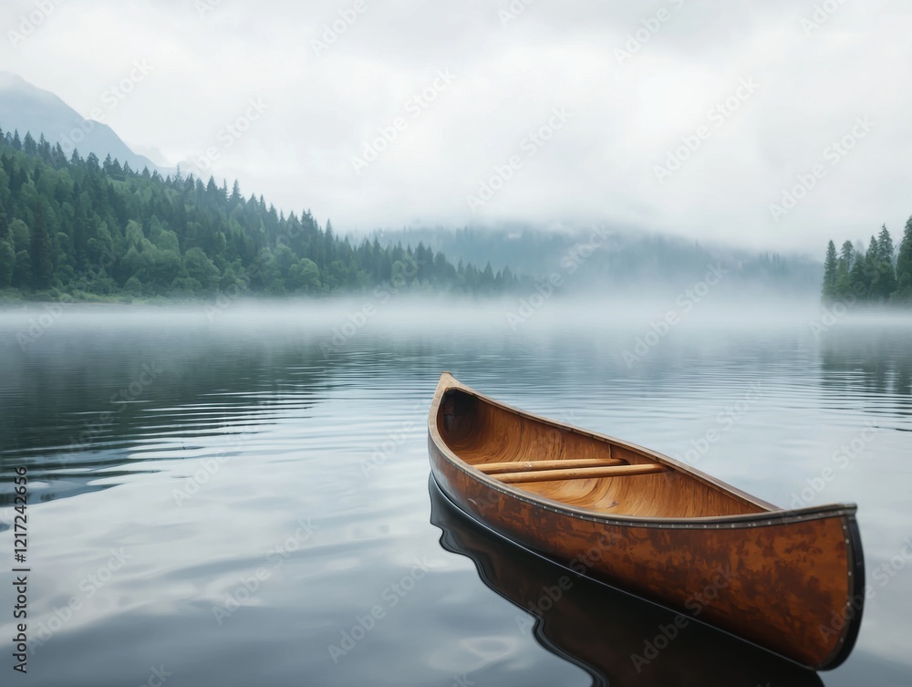Serene canoe glides on a misty still lake reflecting a tranquil ancient forest Serene canoe glides on a misty still lake reflecting a tranquil ancient forest