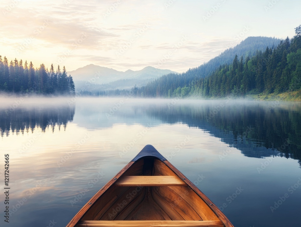 Serene sunrise paddle across misty mountain lake viewing majestic peaks from a tranquil canoe Serene sunrise paddle across misty mountain lake viewing majestic peaks from a tranquil canoe