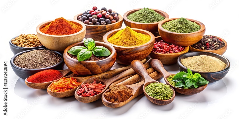 Wooden bowls, spoons, and spices arranged on a white surface. Wooden bowls, spoons, and spices arranged on a white surface.