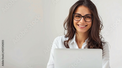 Happy Businesswoman Working on Laptop