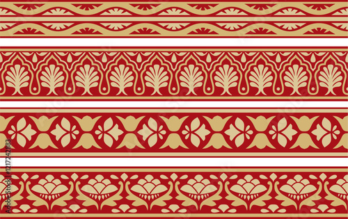 Vector gold and red seamless national Indian ornament. endless border, ethnic hindu frame. Mumbai