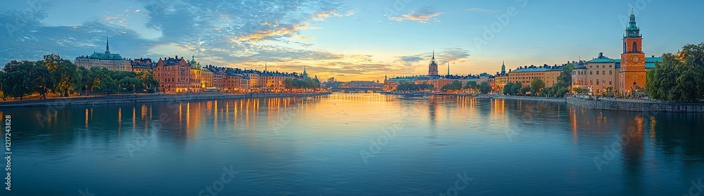 Naklejka premium Stockholm's Old Town architecture set against a stunning sunset panorama
