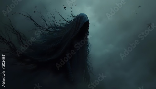 A dark shrouded figure stands ominously amidst a murky atmosphere with scattered birds flying around