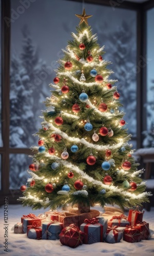 A snow-covered Christmas tree with ornaments and lights, snow covered christmas tree, christmas decorations, twinkling lights