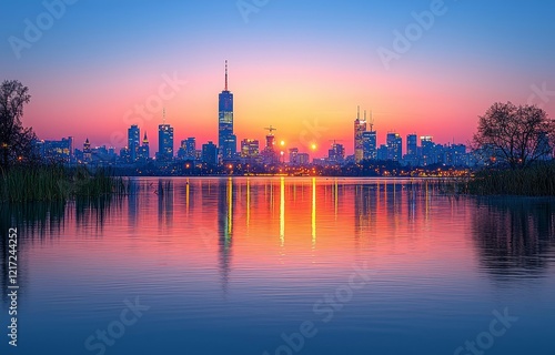 A broad view showcasing the heart of Warsaw city alongside the Vistula River, Poland
