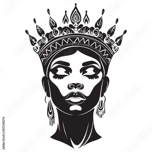 Stylized black and white illustration of a regal Black woman wearing a crown.
