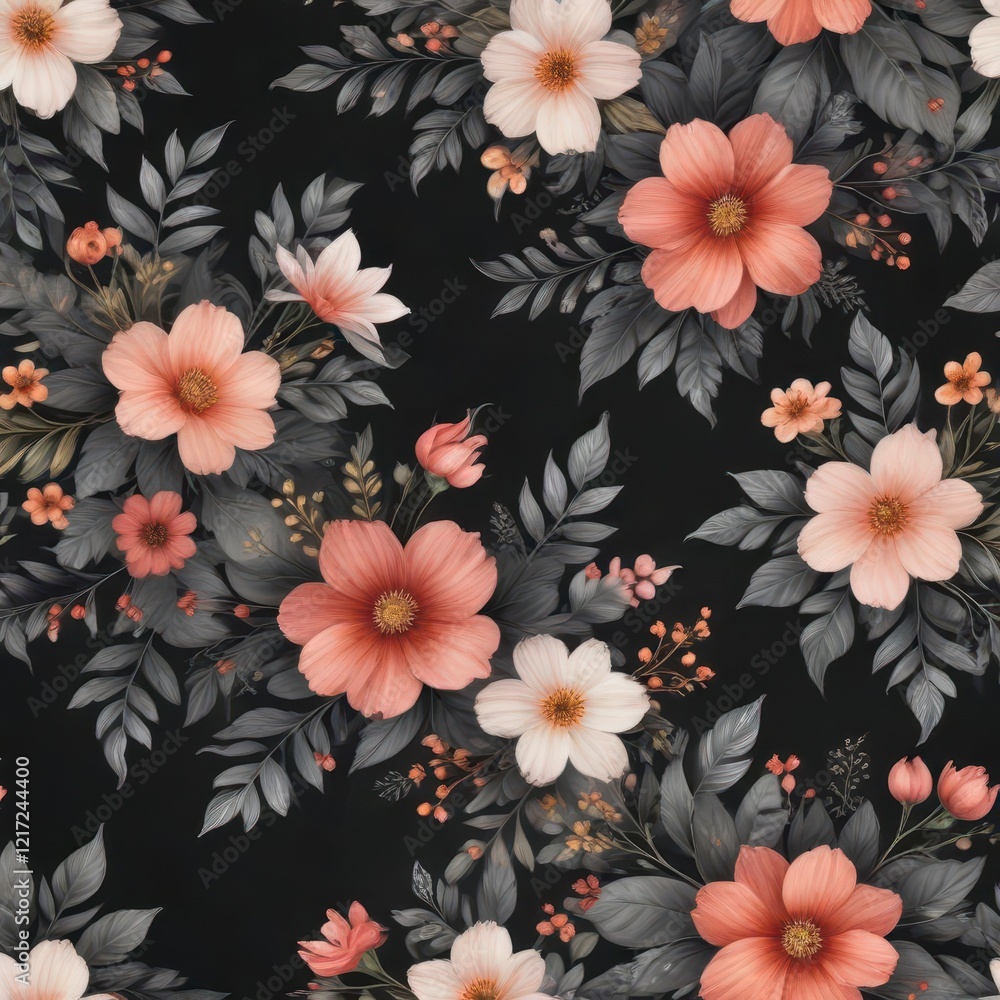 Delicate, hand-painted floral patterns on charcoal background, floral pattern, minimalist design Delicate, hand-painted floral patterns on charcoal background, floral pattern, minimalist design