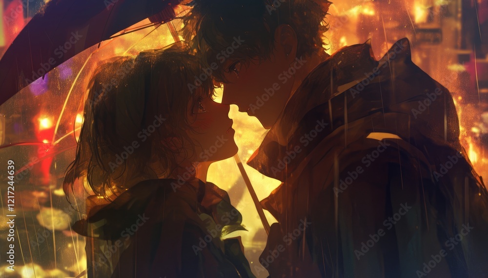Fototapeta premium Romantic Couple Underneath A Rainy Night Umbrella