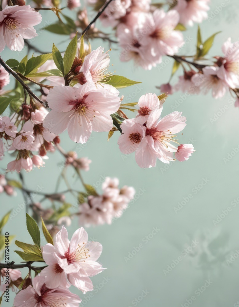 Obraz premium Delicate watercolor cherry blossoms and greenery, flowers, tree branches