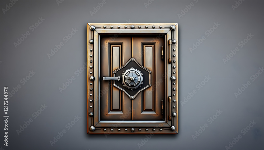 Closed door of old security safe box. Front view of bank vault door. Full frame safe storage metal door for background or wallpaper. Retro vintage style, Paper Cutout style, with white tones Closed door of old security safe box. Front view of bank vault door. Full frame safe storage metal door for background or wallpaper. Retro vintage style, Paper Cutout style, with white tones