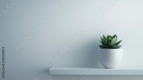 Wallpaper Mural Small potted plant on a white shelf against a light blue wall. the plant is a succulent with green leaves that are arranged in a circular pattern. Torontodigital.ca