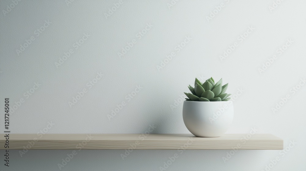 Small potted plant on a wooden shelf against a plain white wall. the plant is a succulent with green leaves and is in a white ceramic pot. Small potted plant on a wooden shelf against a plain white wall. the plant is a succulent with green leaves and is in a white ceramic pot.