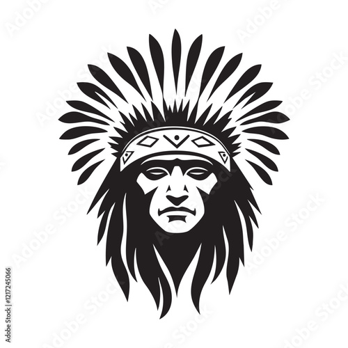 Stylized black and white illustration of a Native American chief with feathers.