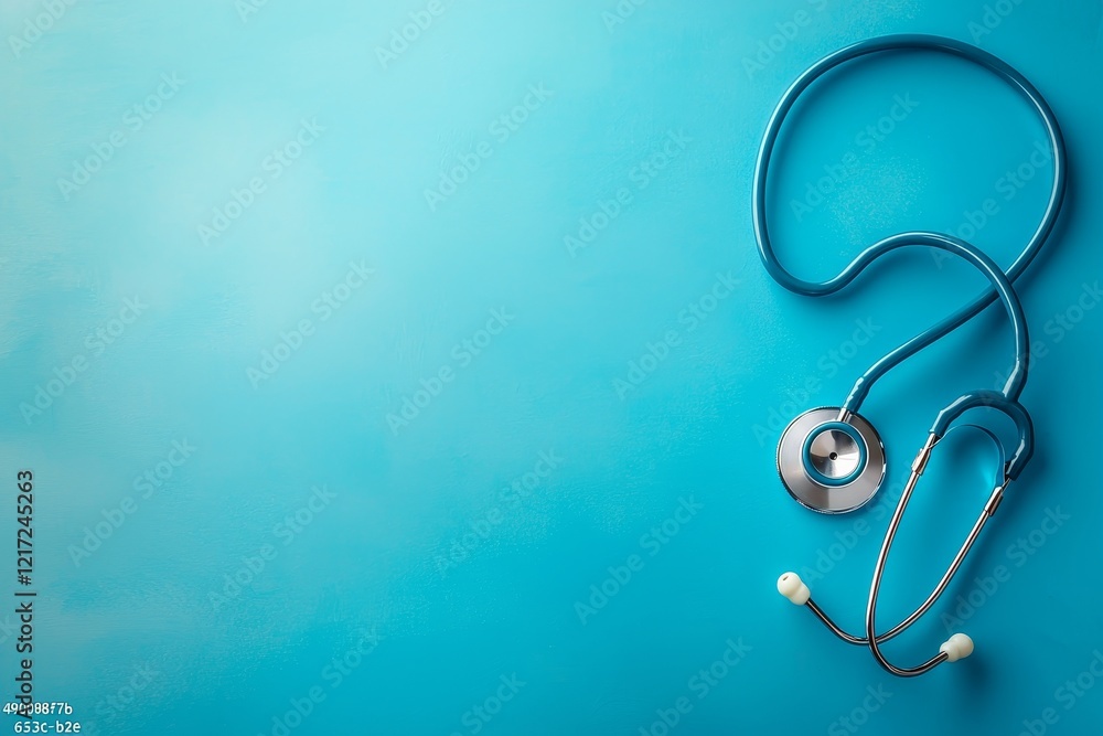 On a blue background, a stethoscope is positioned, representing a medical environment. The image showcases doctor equipment, highlighting medical examination and health care themes. With space for On a blue background, a stethoscope is positioned, representing a medical environment. The image showcases doctor equipment, highlighting medical examination and health care themes. With space for