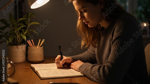 Young woman writing in her notebook under lamp light at her desk in the evening